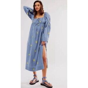 Free People Midi Dress Blue Emory Embroidered Cotton Blend Preppy Boho Sz XS New